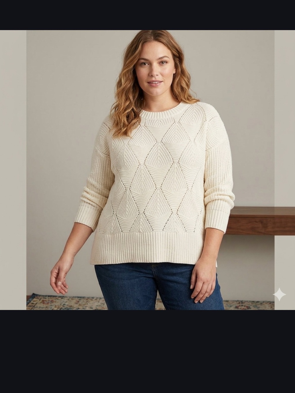 Sonoma Cream Pointelle Diamond Crew Sweater